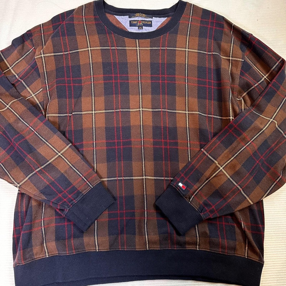 VTG Tommy Hilfiger Golf Plaid Checkered Sweatshirt Mens XL‎ Brown  Long Sleeve